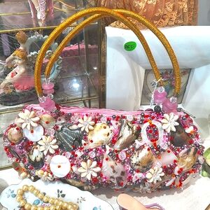 Mary Frances Antique Pink Beaded Sea Shell Embellished Handbag